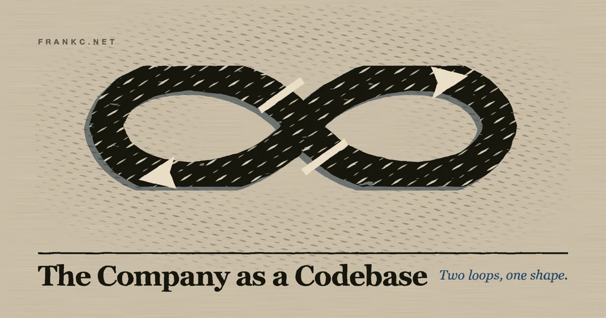 A woodcut-style figure of an infinity loop, carved in heavy black linework, with arrows running continuously around both halves.