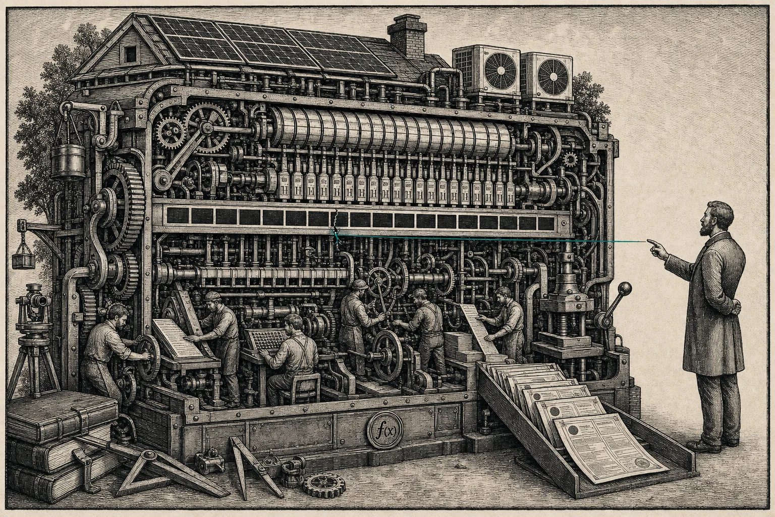 Woodcut cutaway: founders and operators build inside a great permitting-and-data engine while a guide stands outside it, hands off, pointing a verdigris line at a fault in the mechanism.