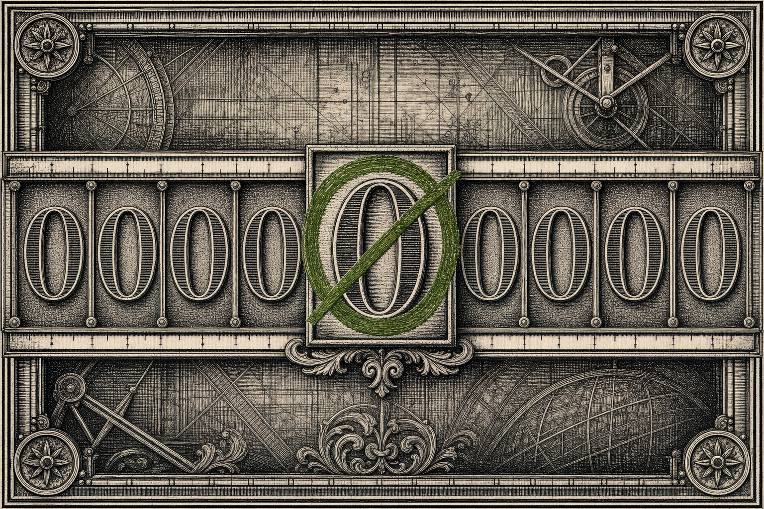 Woodcut engraving: a ledger row of identical machine-perfect zeros, the central one struck through with a single acid-green correction mark — the clean number that is a lie.