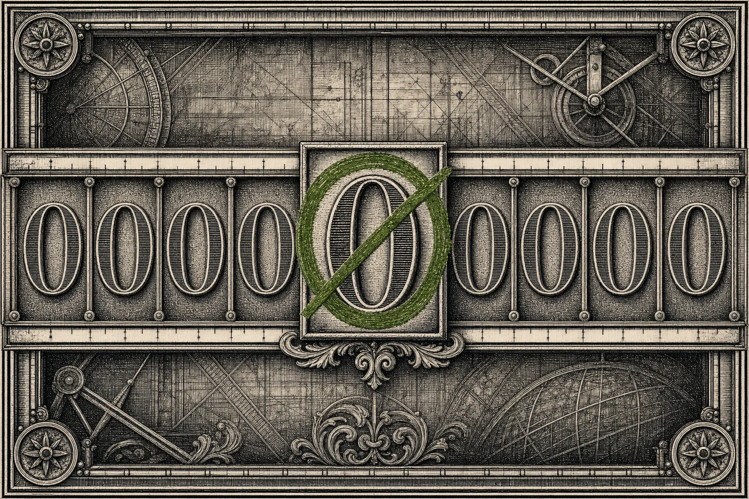 Woodcut engraving: a ledger row of identical machine-perfect zeros, the central one struck through with a single acid-green correction mark—the clean number that is a lie.