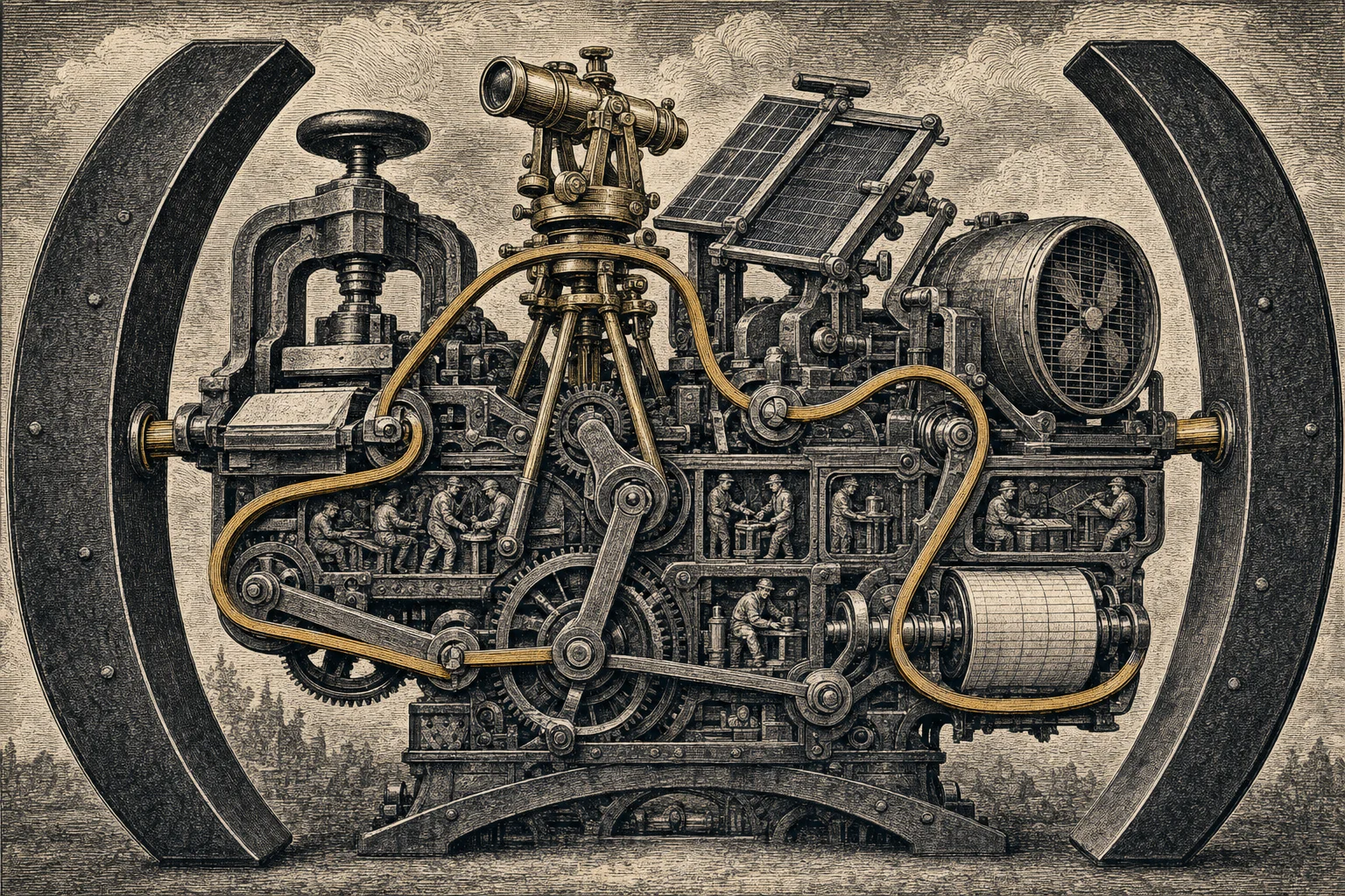 Woodcut: two colossal parenthesis press-jaws clamp one fused machine of work-tools threaded by a single ochre drive-belt—FD(x), the whole company evaluated as one function over the org chart.