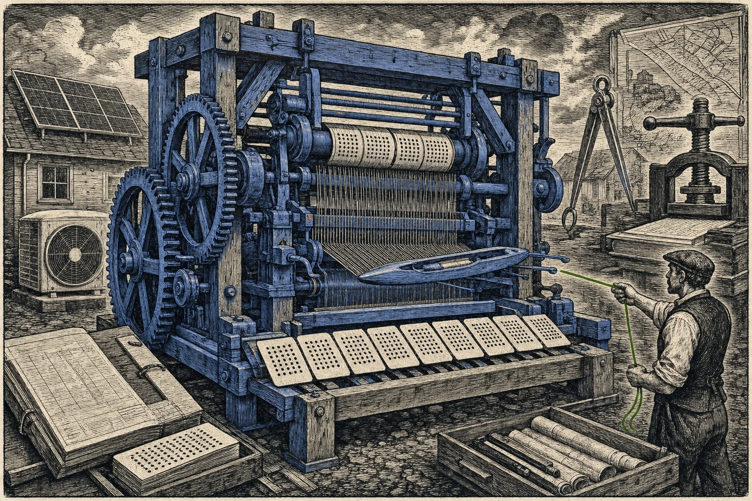 Woodcut: a Jacquard training-loom devours a deck of identical punched cards but cannot draw in the single green thread an operator holds just off the deck—the knowledge that isn't in the data by construction.