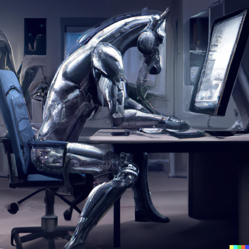 A chrome centaur hunched over a keyboard at an office desk in front of computer monitors—half horse, half knowledge worker.