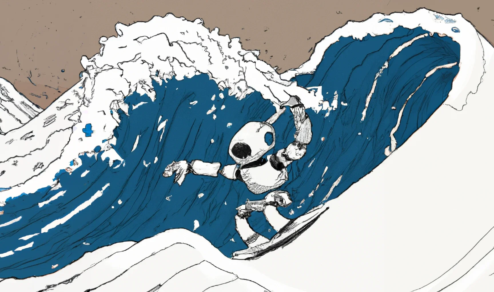 A Hokusai-style great wave in blue and white ink, with a small round-headed robot surfing down its face.