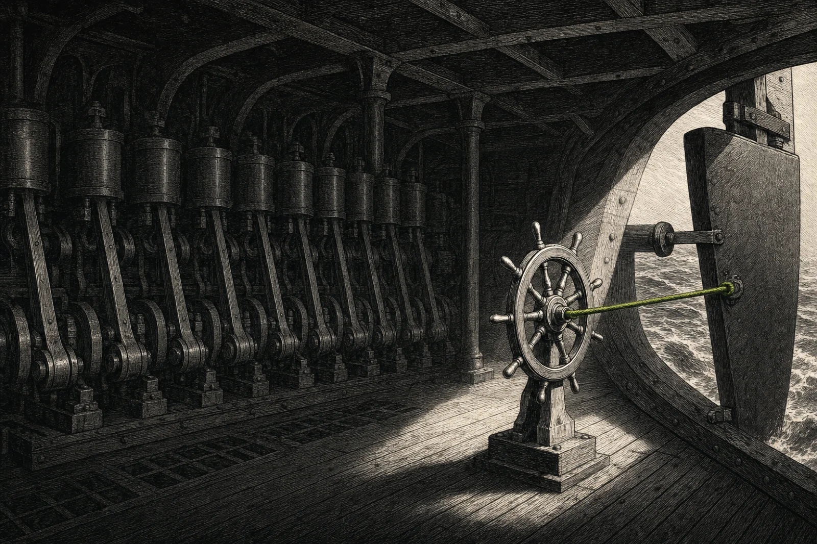 A woodcut engine deck: a long bank of identical idle pistons recedes into shadow on the left, while a small ship's helm stands lit and sharp on the right, a single green line running from its hub to the rudder.