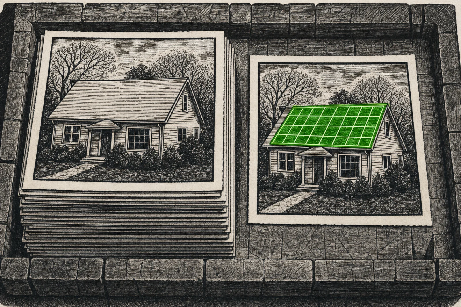 A woodcut composing stone: a tall stack of identical printed handbills, every one showing the same generic house, and beside it a single lifted sheet where one particular roofline has been traced in green.