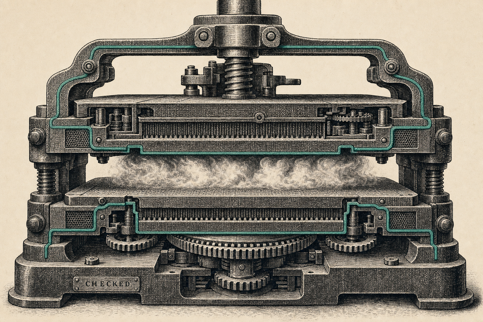 Woodcut cutaway: a heavy mechanical press, its two machined plates traced by a single verdigris line, clamps a soft half-formed haze in the middle — deterministic layers on both sides of the flexible part, the trust living in the plates, stamped CHECKED.
