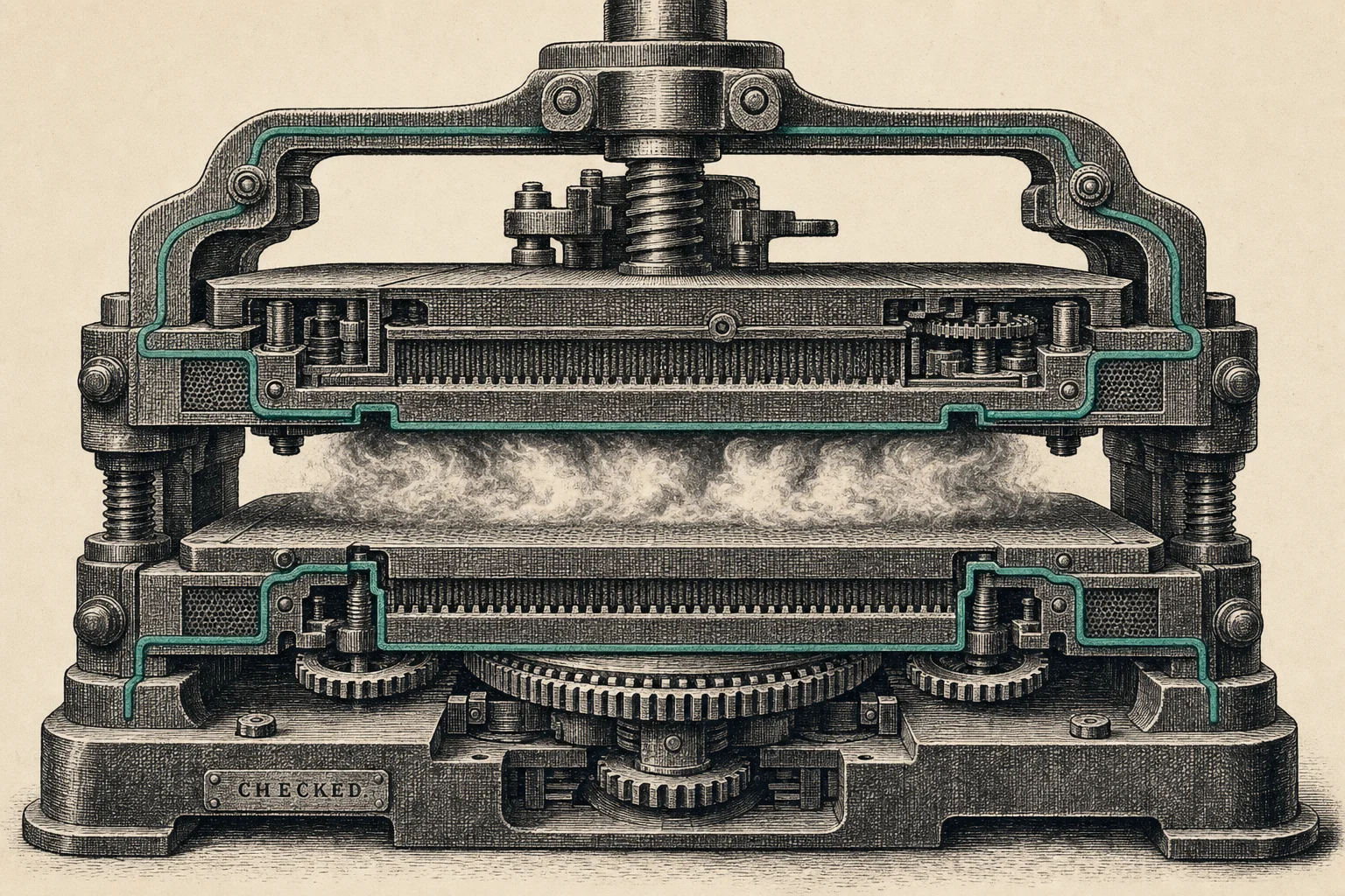 Woodcut cutaway: a heavy mechanical press, its two machined plates traced by a single verdigris line, clamps a soft half-formed haze in the middle—deterministic layers on both sides of the flexible part, the trust living in the plates, stamped CHECKED.