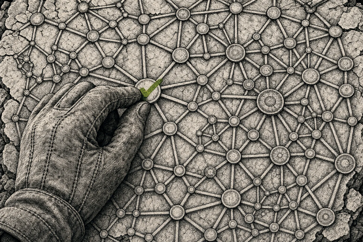 Woodcut engraving: a dense stone lattice of graph nodes and edges fills the frame, and a single work-gloved hand reaches in from the edge to land one decisive acid-green check on a node—the field correcting the graph, trust flowing from the edge in.