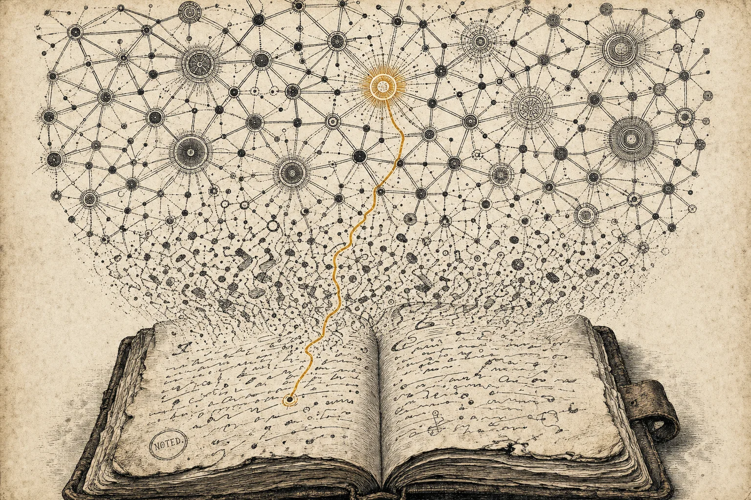 Early woodcut engraving: an open, hand-written field notebook at the base of the frame, its ink dissolving upward into a dense constellation of graph nodes, one gold thread tracing a single written line up to a single illuminated node above—the field's observation becoming the system's memory.