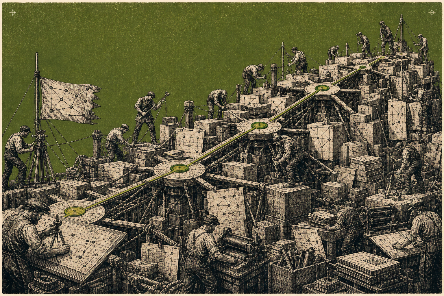 Woodcut engraving: operator-builders climb and construct a stepped company structure wired together by acid-green graph edges.