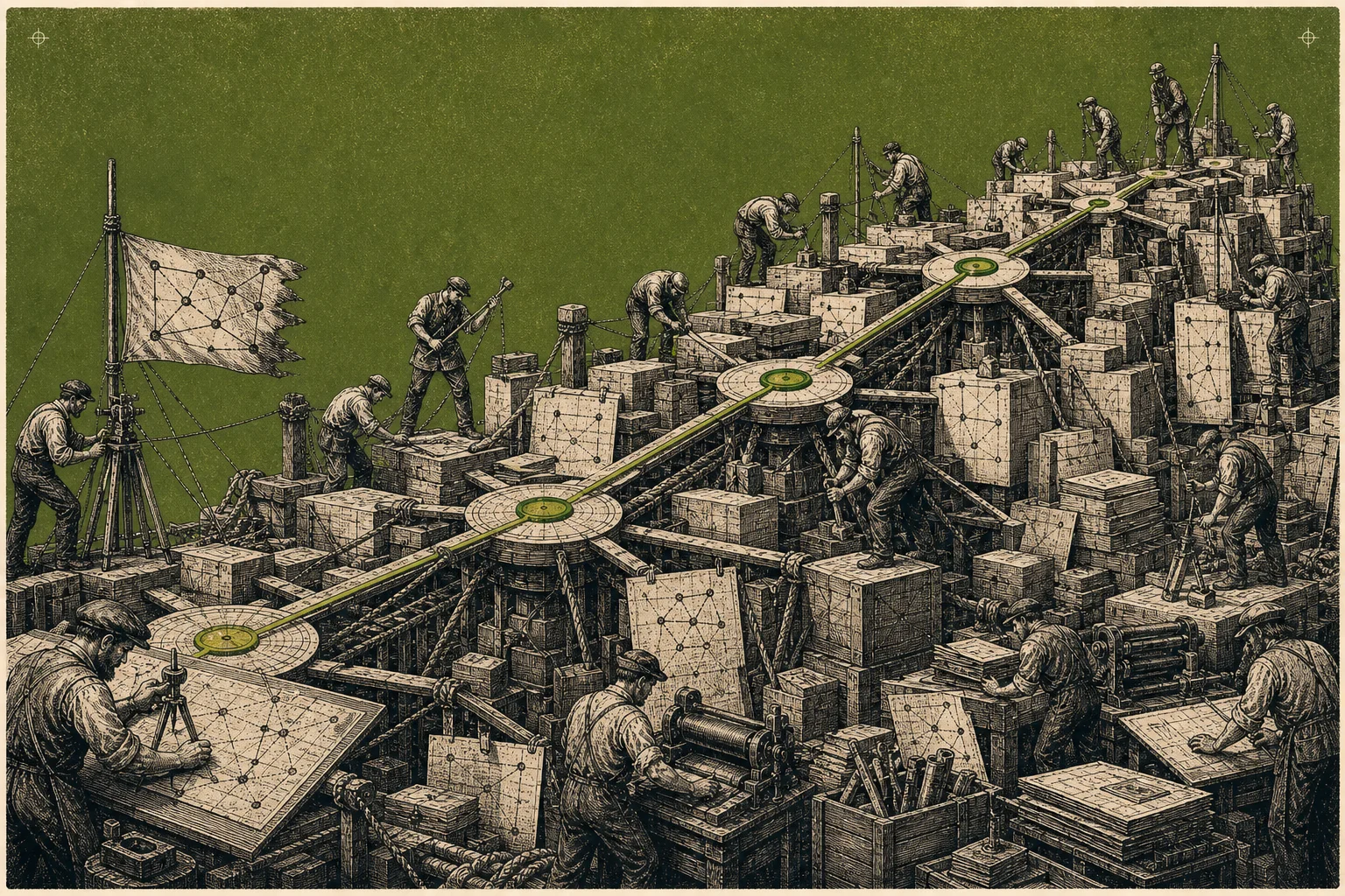 Woodcut engraving: operator-builders climb and construct a stepped company structure wired together by acid-green graph edges.