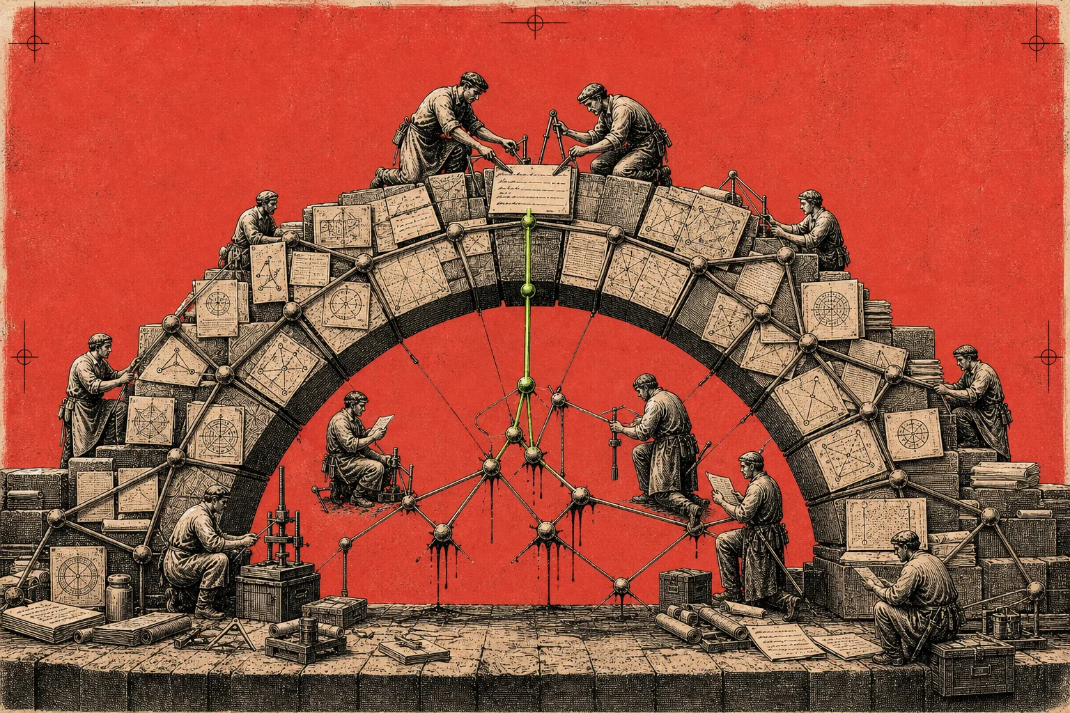 Woodcut engraving: builders set the keystone of a great arch while a small graph and one corrected node anchor it from below, in coral.